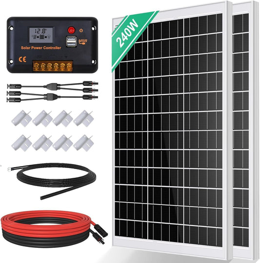 Zonnepanelen met Stekker - Zonnepaneel-Oplader - Zonnepaneel - 240W - Inc. 12V Zonnepaneel - 30A Zonne-Laadregelaar - 5m Zonnekabel - Z-Bevestigingsklemmen - voor Camping - Caravan - Huishouden - Off-grid-systeem - Noodsituatie