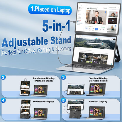 Draagbare Monitor – Laptop Scherm Extender – Mobiel Scherm – Tweede Beeldscherm – 16 Inch IPS Display – 1200P FHD Resolutie – 360° Draaibare Magnetische Standaard - QUORE
