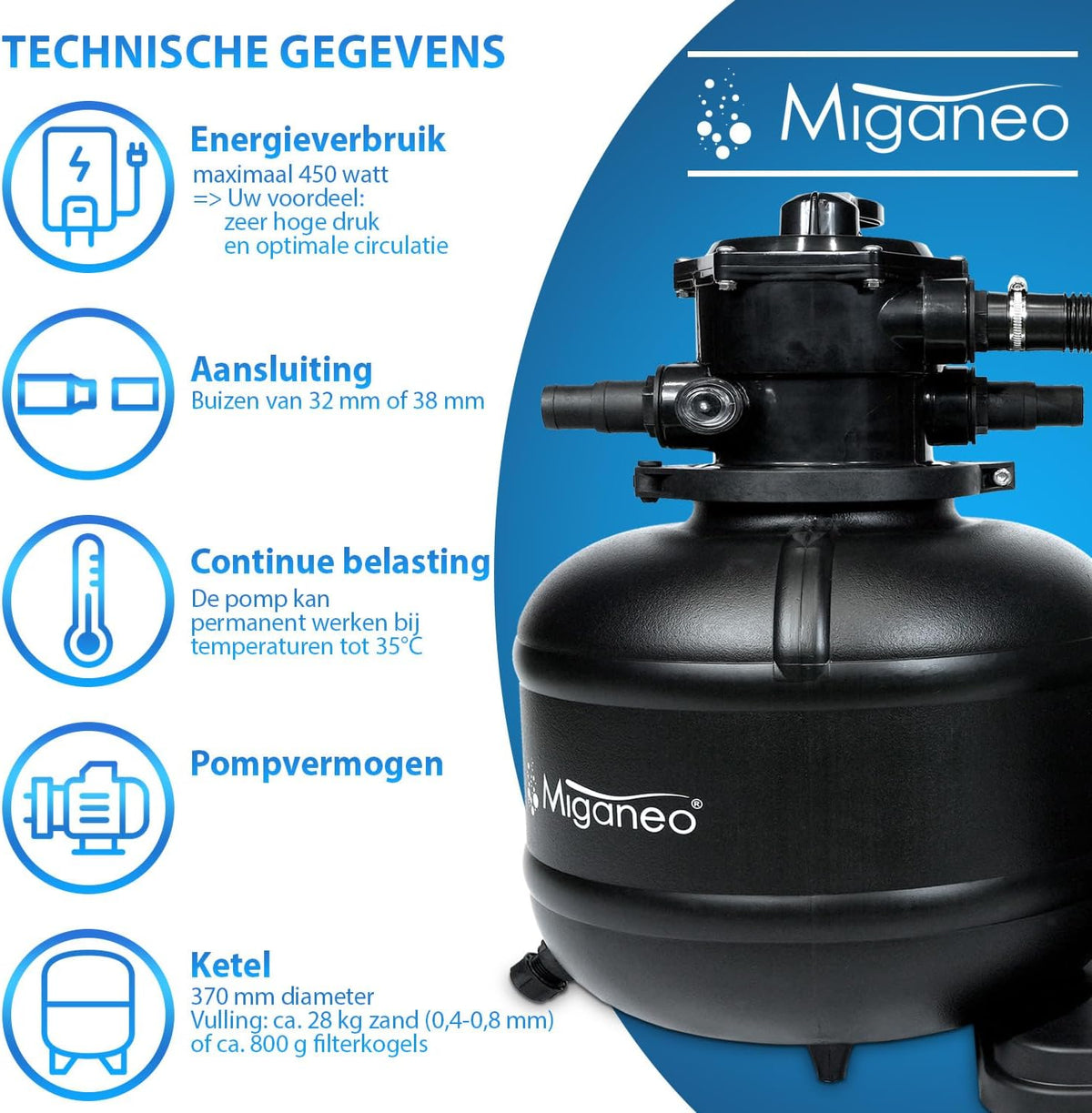 Miganeo Dynamic 10000 Pro zandfilter, zwart, 10.000 l/u, filtersysteem voor zwembaden, ketel 370 mm, zelfzuigmond