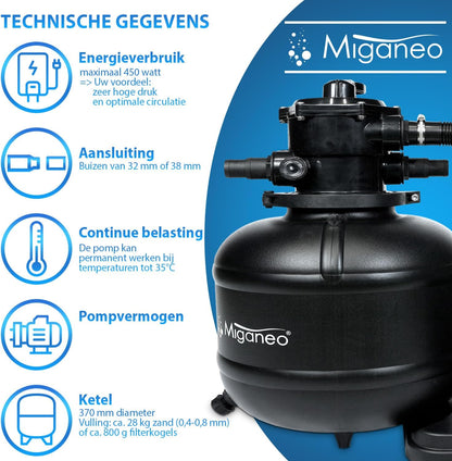 Miganeo Dynamic 10000 Pro zandfilter, zwart, 10.000 l/u, filtersysteem voor zwembaden, ketel 370 mm, zelfzuigmond