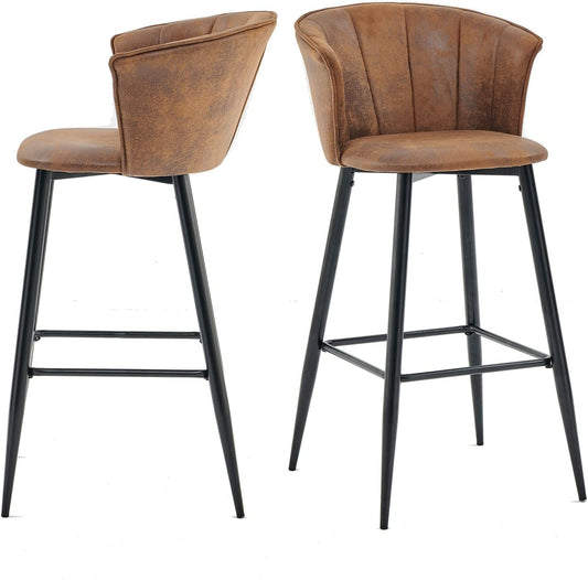 MEUBLE COSY Barkrukken, set van 2 retro barstoel vintage met armleuning rugleuning en voetensteun van synthetisch suède, metalen poten, bruin, 52,5x56,5x102cm