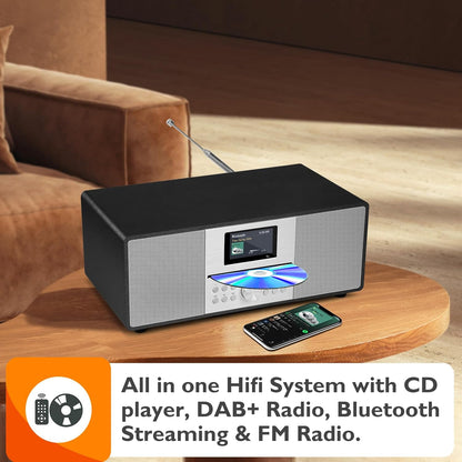MS4+ CD-speler DAB-radio hifi-systeem I Bluetooth I krachtig stereosysteem I digitale radio DAB+I Akoestische houten kast ICD-speler met luidsprekers I40 presets, hoofdtelefoonaansluiting I