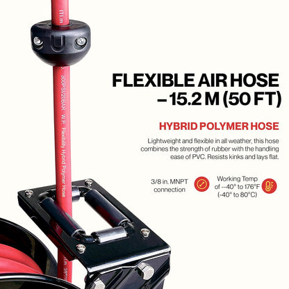ReelWorks L815153HA Stalen Intrekbare Luchtcompressor/Waterslanghaspel met 3/8 "x 50 'Hybride Polymeerslang, Max. 300 psi