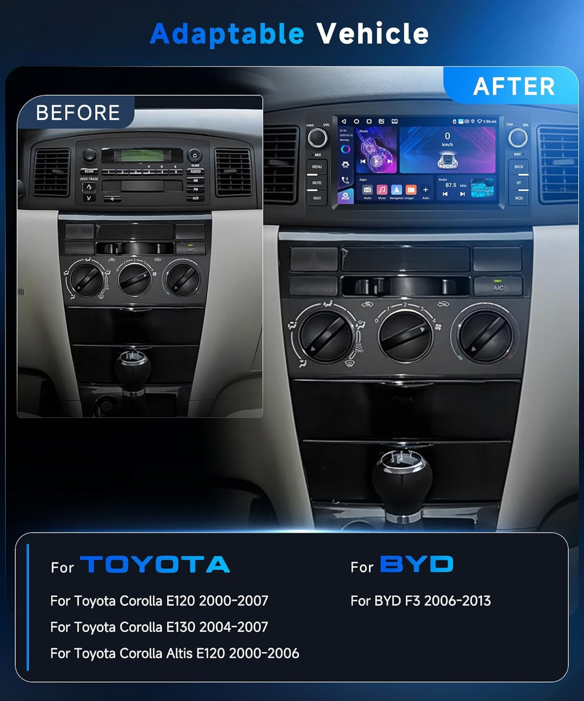4G+64G Autoradio Android 15 für Toyota Corolla E120 2000-2007/E130 2004-2007/Altis E120 2000-2006/BYD F3 2006-2013,7'' HD Touchscreen mit Carplay Android Auto GPS Wi-Fi Bluetooth FM RDS Kamera