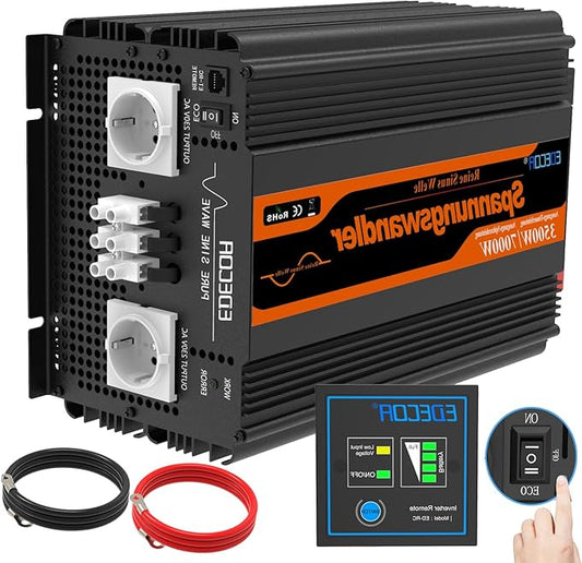 EDECOA 3500W Inverter 12v to 230v Pure Sine Wave Inverter 12V 230V Voltage Inverter with LCD Remote Control and EU Power Outlets - QUORE