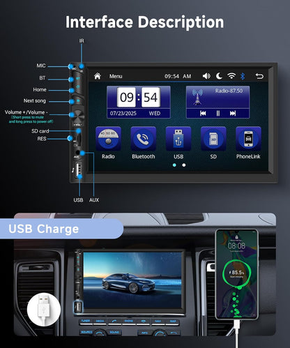VECHTEL Autoradio, 2 Din met draadloze Carplay Android auto, 7 inch IPS HD touchscreen, autoradio, ondersteuning bluetooth, FM-radio, USB/TF/AUX spiegellink, achteruitrijcamera, afstandsbediening