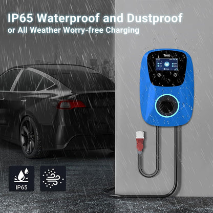 Tera EV oplader Smart APP: 32A type 2 22kW of 11kW thuis laadstation 400V CE & TÜV Wallbox 7 m oplaadkabel met lader houder app-besturing CEE 3-fasen stekker voor alle EV's en PHEV's W01 blauw