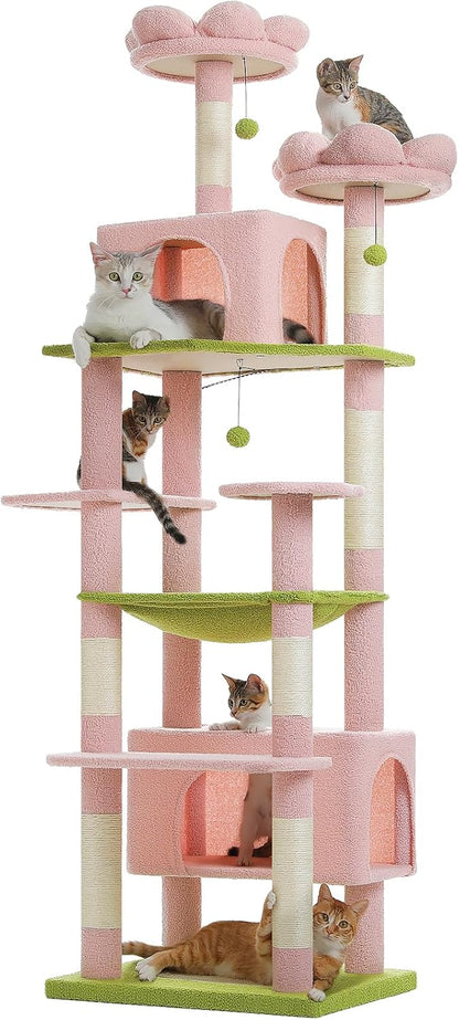 PAWZ Road Scratching Post for Large Cats, Stable, 205 cm High with Hammock, 7 Sisal Posts, Large Sitting Pole, Caves, Baskets for Indoor Cats, Pink - QUORE