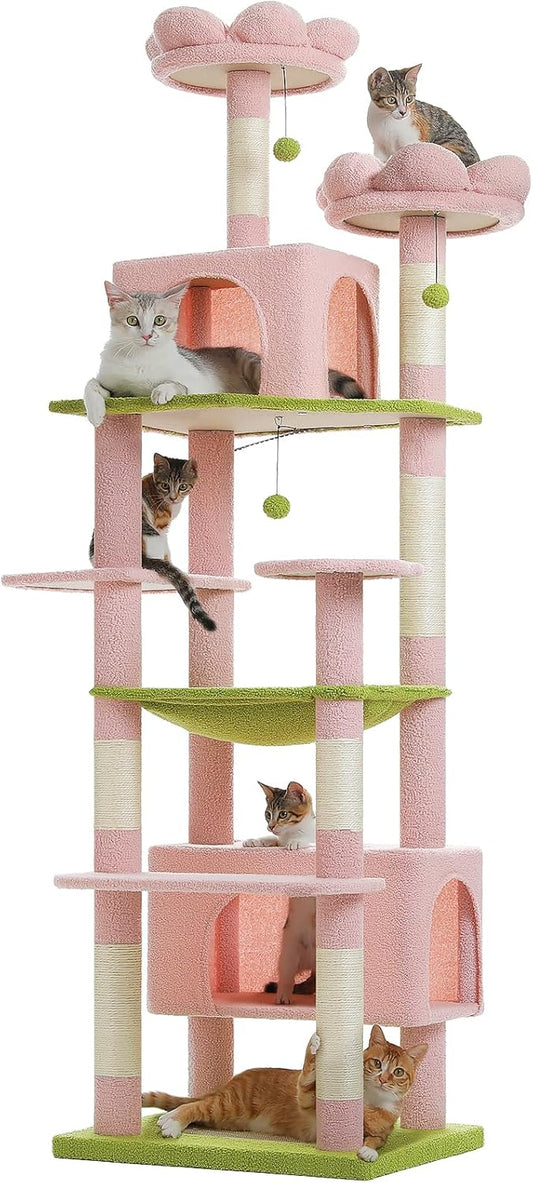 PAWZ Road Scratching Post for Large Cats, Stable, 205 cm High with Hammock, 7 Sisal Posts, Large Sitting Pole, Caves, Baskets for Indoor Cats, Pink - QUORE