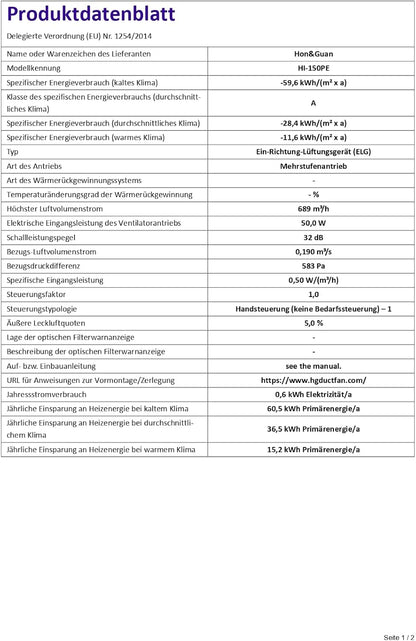 Hon&Guan HI-PE Buisventilator, 150 mm, super luchtverplaatsing, 689 m³/u, geavanceerde EC-motor, geluidsarm, buisventilator, ventilatieventilator voor kweektent, broeikas, garage, keuken, ventilatie