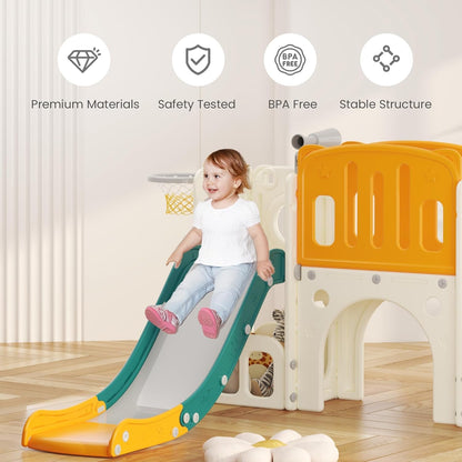 Kinderglijbaan met klimladder, basketbalkorf en tunnel, kunststof glijbaan voor binnen voor kinderen, Montessori-spelletjes voor speelplaats, groen