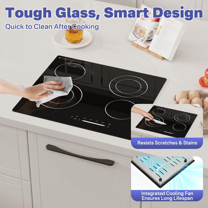 Infrarood kookpan met 4 zones, 60 cm, voor de keuken, elektrische kookplaat, 6700 W, ingebouwde kookplaat, keramische kookplaat, vier ringen, glazen kooktop