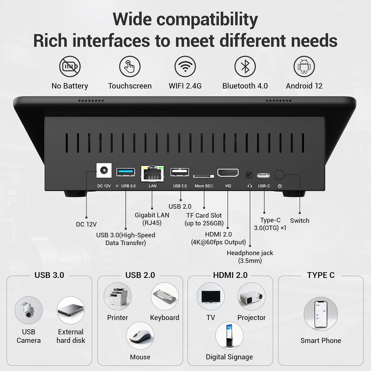 Industriële mini-pc, rugged fanless touchscreen-computer, 10,1 inch Android 12 All-in-One, 4GB RAM, HDMI, Machine Control, voor Digital Signage, Factory Control, Kiosk & Retail display RK3399
