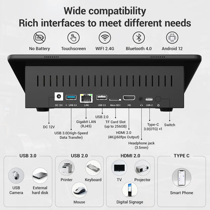 Industriële mini-pc, rugged fanless touchscreen-computer, 10,1 inch Android 12 All-in-One, 4GB RAM, HDMI, Machine Control, voor Digital Signage, Factory Control, Kiosk & Retail display RK3399