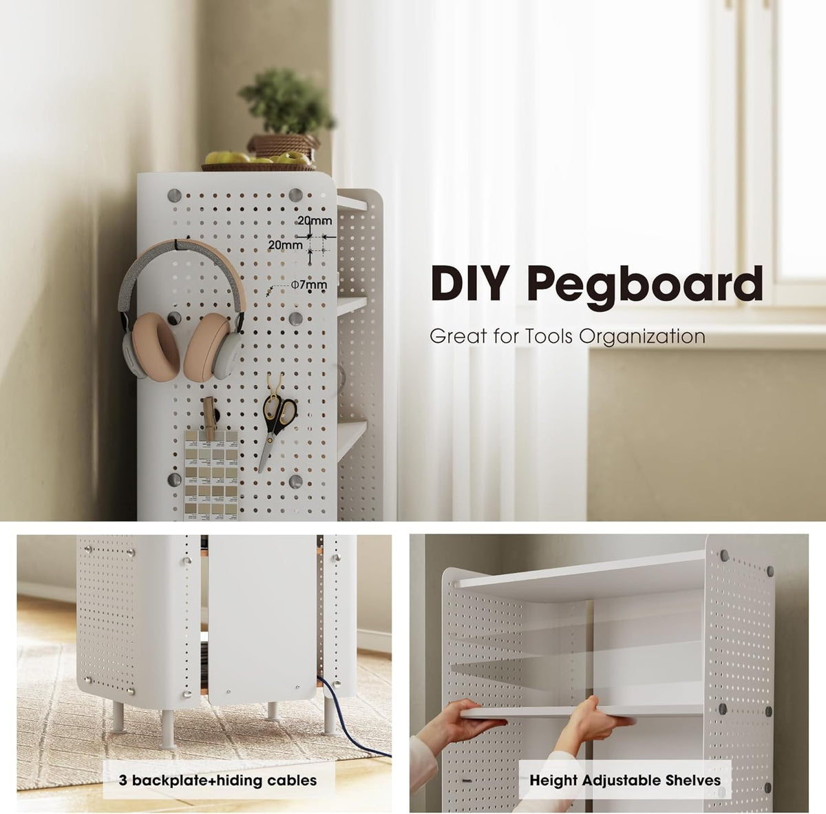 Fenge Boekenplank 4 lagen moderne displayrek plank met Pegboard, kleine boekenkast met verstelbare planken voor woonkamer, slaapkamer, thuiskantoor, 61,6 × 31,2 × 85,3 cm, Wit