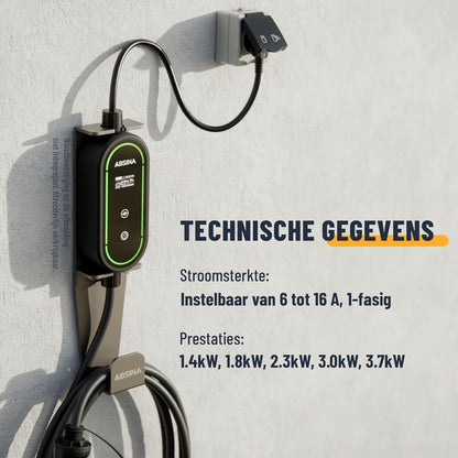 ABSINA Type 2 oplaadkabel Schuko met instelbaar laadvermogen - ICCB oplaadkabel 3,7 kW 16 A 1-fase IP67 met 6,40 m kabel - oplaadkabel Schuko naar type 2 voor i3, e-Up, ID.3, ID.4, Zoe, fortwo, Kona