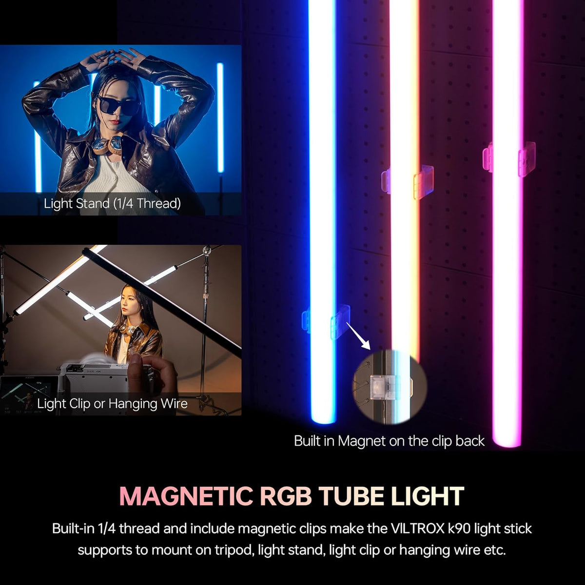 VILTROX K90 2 Pack RGB Tube Light, 30W 38 inch Grote RGBWY Fotografie LED Video Stick Light Wand met APP/2.4G/Afstandsbediening, CRI 97+, 26 scènes, 2500K-8500K, 14.8V/3300mAh batterij, magnetische