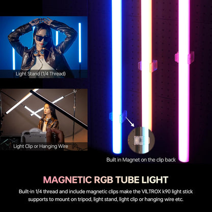 VILTROX K90 2 Pack RGB Tube Light, 30W 38 inch Grote RGBWY Fotografie LED Video Stick Light Wand met APP/2.4G/Afstandsbediening, CRI 97+, 26 scènes, 2500K-8500K, 14.8V/3300mAh batterij, magnetische