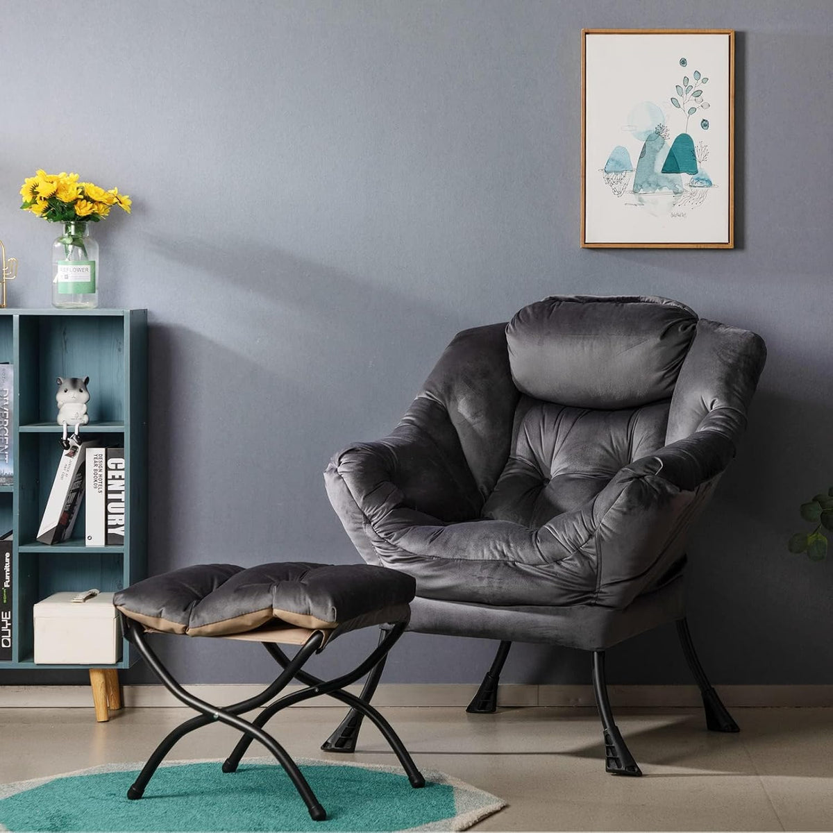 HollyHOME Relax Fauteuil met Voetenbank Woonkamer Stoel Slaapkamer Stoel Lounge Stoel met Armleuningen Leesstoel Accentstoel met Stalen Frame, Donkergrijs