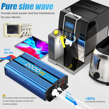 Omvormer 12 V 220 V Pure Sinus 2000 W/4000 W spanningstransformator met USB en EU wisselstroom