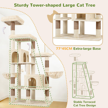 Kattenboom – Krabpaal – Kattenmeubel – Krabmeubel – Beige – Voor 3-5 Grote Katten – 2 Grote Kattenhuisjes 45x30 cm – 3 Ruime Platforms 45x45 cm