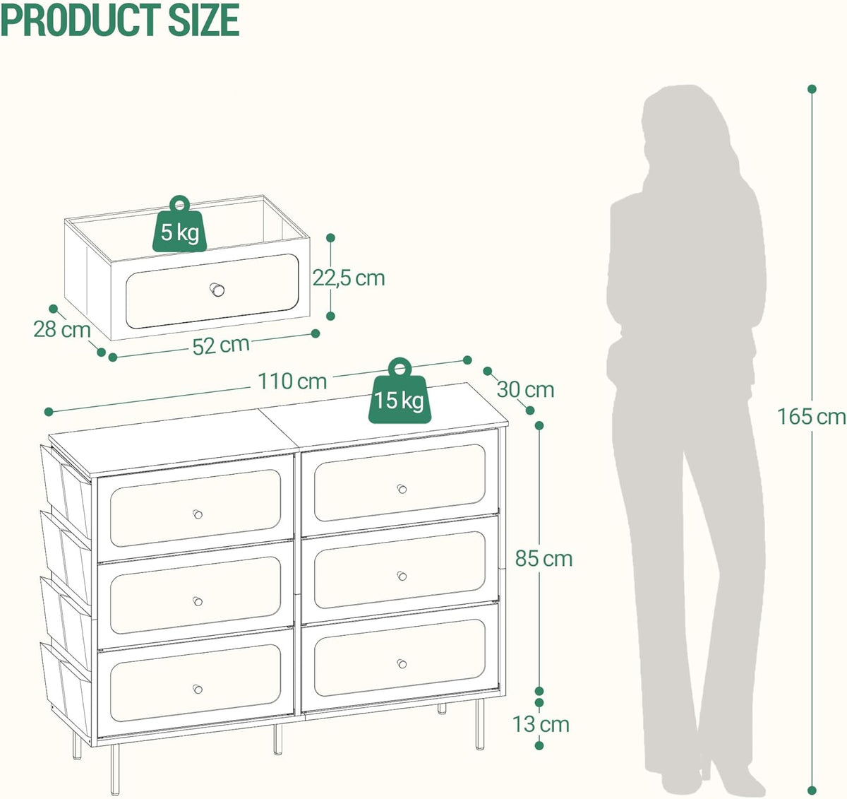 Hzuaneri Chest of Drawers 110 cm, Cabinet with 6 Fabric Drawers, Multifunctional Dresser with Fabric Bag, Metal Frame, 30 x 110 x 85 cm, for Living Room and Bedroom, Modern, White Gold DU25813AW