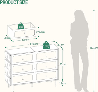 Hzuaneri Chest of Drawers 110 cm, Cabinet with 6 Fabric Drawers, Multifunctional Dresser with Fabric Bag, Metal Frame, 30 x 110 x 85 cm, for Living Room and Bedroom, Modern, White Gold DU25813AW