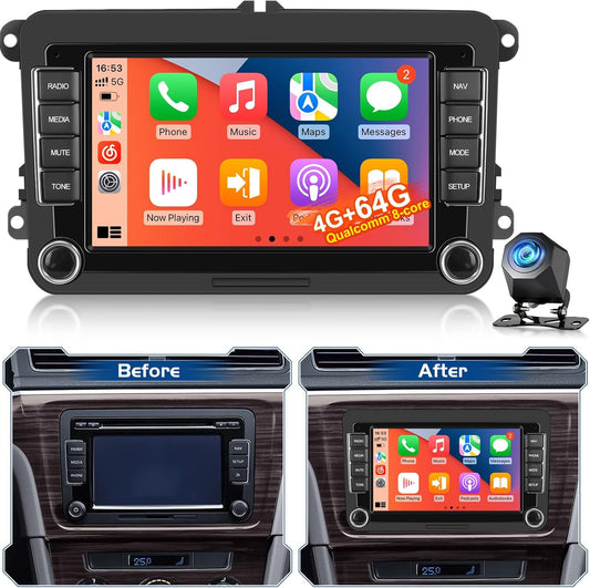 Qualcomm Octa‑Core 4+64G Android Autoradio voor VW Golf Passat Jetta Tiguan Polo Caddy, Seat, Skoda – Draadloos CarPlay Android Auto, IPS Touchscreen, DSP, GPS, Plug & Play + Achteruitrijcamera