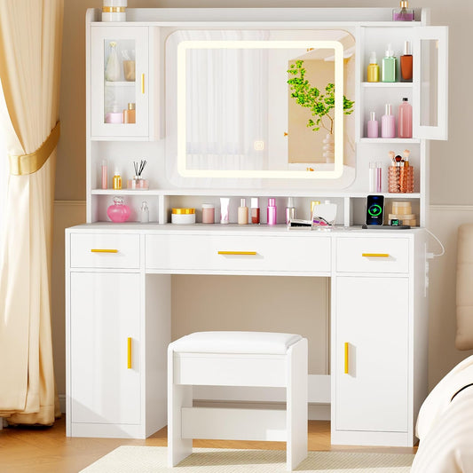 ANWBROAD Large White Dressing Table with Mirror and Lighting Modern 3 Colors Brightness Adjustable 4 Cabinets 3 Drawers 150x100x40cm BDT66W - QUORE