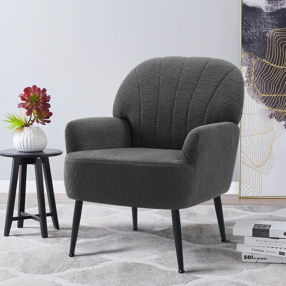 IWMH Accent Chair for Living Room, Teddy Fabric Armchair, Single Sofa Chair with Armrests, Metal Legs, Corner Chair for Bedroom Reading (Teddy Grey) - QUORE