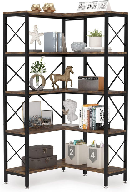Tribesigns Corner Bookshelf, Large Modern Corner Bookcase, High Corner Shelf Storage Display Rack with Metal Frame for Living Room Home Office (Rustic Brown) (5 Shelves)