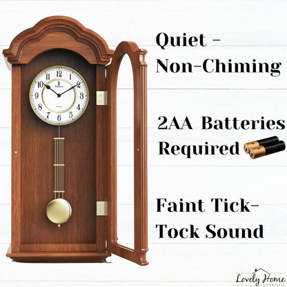 Pendulum Wall Clock Battery Operated - Large, Wooden Hanging Grandfather Wall Clock with Pendulum - Quiet, Made with Real Wood for Living Room Decor, Office & Home Décor Gift 26x12