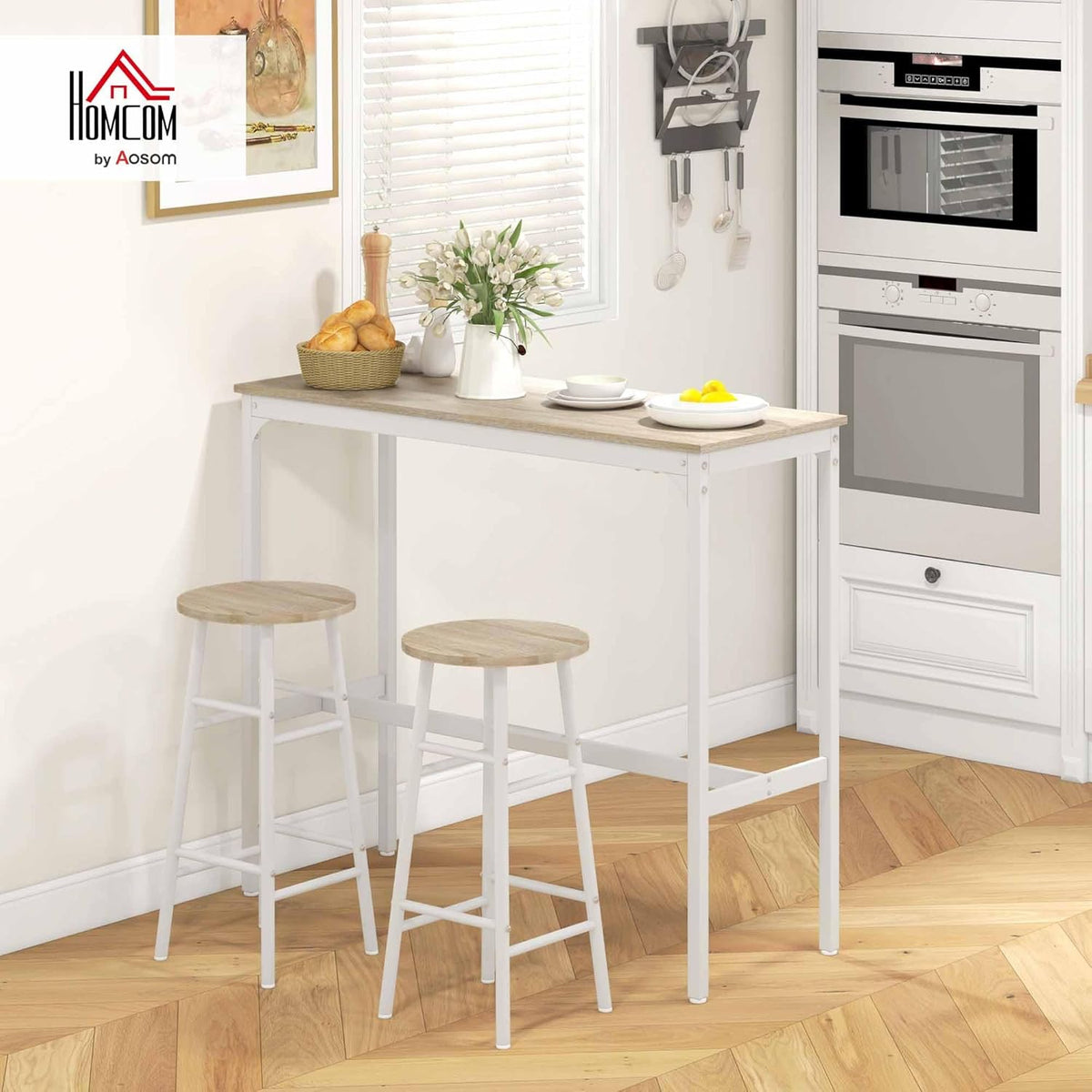 HOMCOM Bistrotafel set + 2 krukken met voetensteun, statafel, stalen frame, industrieel design, hoge keukentafel, dienblad, natuurlijke houtlook, wit