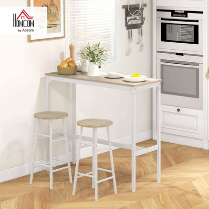 HOMCOM Bistrotafel set + 2 krukken met voetensteun, statafel, stalen frame, industrieel design, hoge keukentafel, dienblad, natuurlijke houtlook, wit