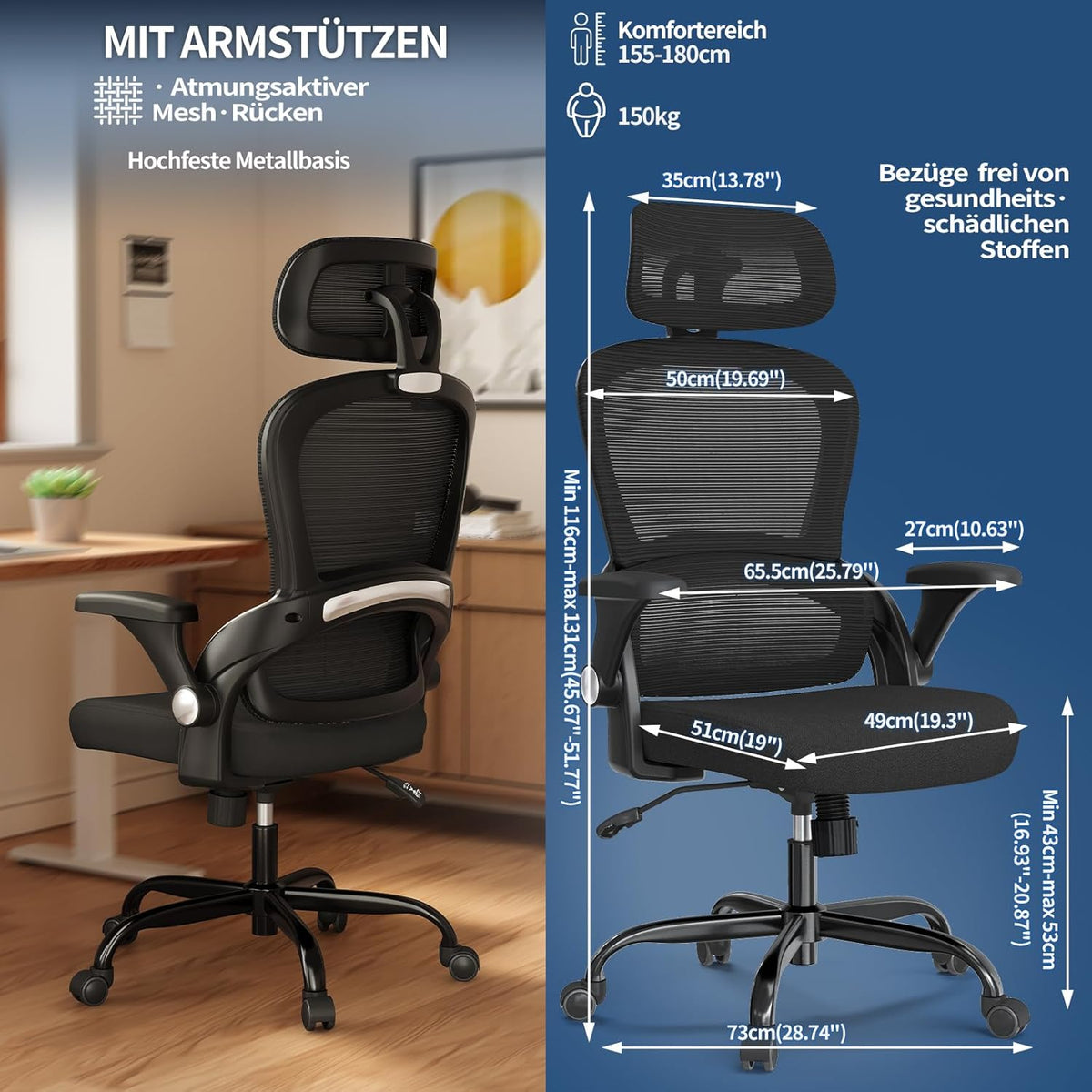 TRALT Ergonomische bureaustoel, bureaustoel met verstelbare hoofdsteun, in hoogte verstelbaar, bureaustoel, ergonomische bureaustoel, gamingstoel, 150 kg, voor lange tijd, zwart