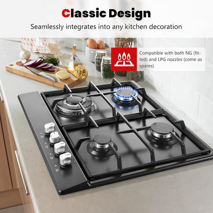 4-pits gaskookplaat – gaskomfoor – gasfornuis – kookplaat – gasplaat – Zwart Geëmailleerd Paneel – 8060 W Vermogen – Elektronisch Ontstekingssysteem Met Veiligheidszekering