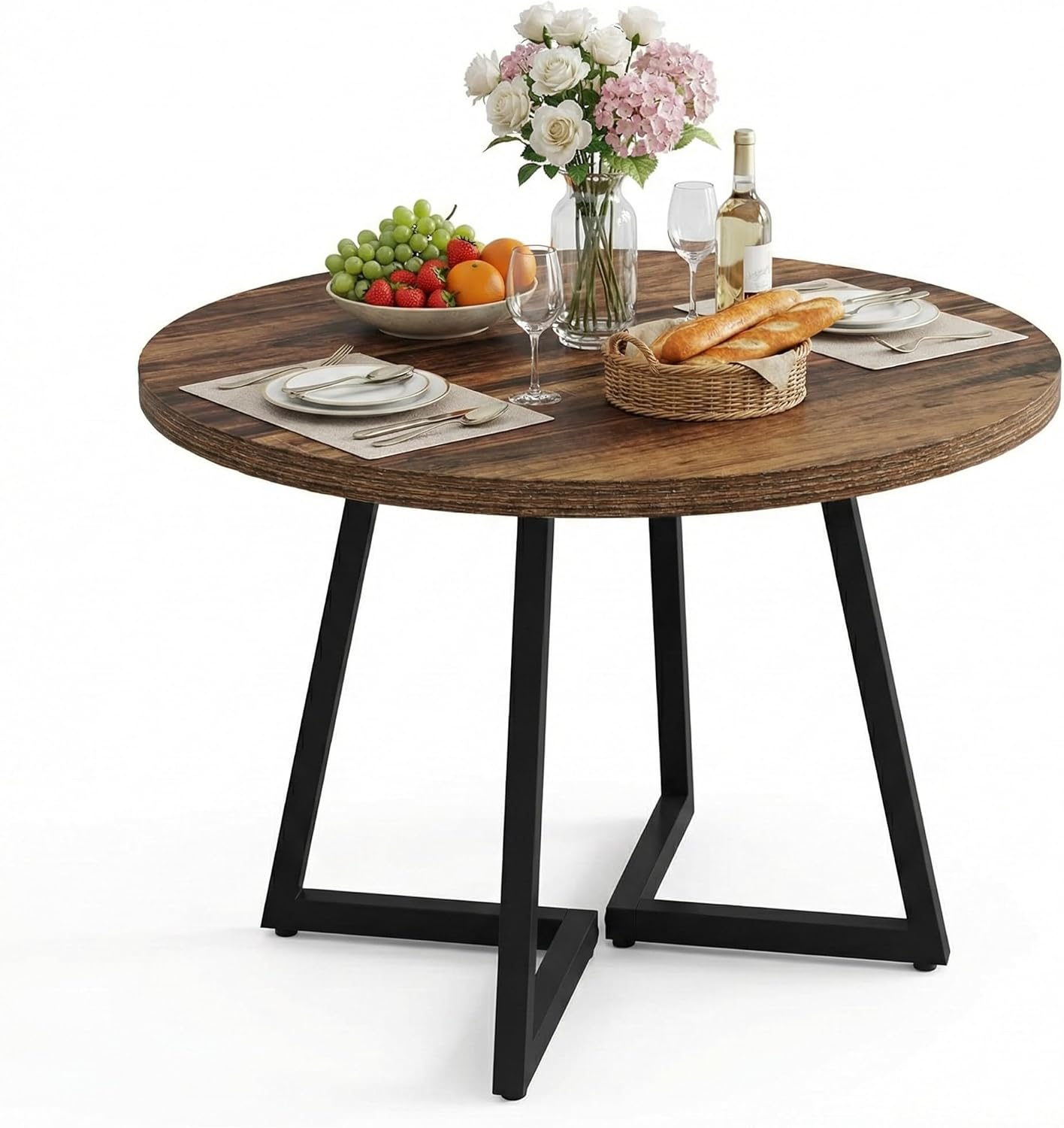 Eettafel Rond – Eetkamertafel Rond – Industrieel Tafeltje – Dining Table – Compacte Tafel – 80x80 cm – Met Zwart Metalen Onderstel
