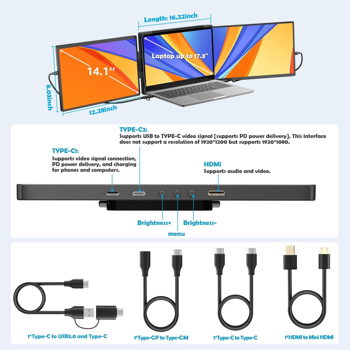 14 inch Portable Laptop Triple Screen Extender 1920x1200 IPS Multitasking Monitor Plug and Play Rotatable Collapsible for HDMI/USB-C 13-17" Portable Computer and Windows/macOS/Android - QUORE