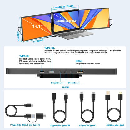 14 inch Portable Laptop Triple Screen Extender 1920x1200 IPS Multitasking Monitor Plug and Play Rotatable Collapsible for HDMI/USB-C 13-17" Portable Computer and Windows/macOS/Android - QUORE