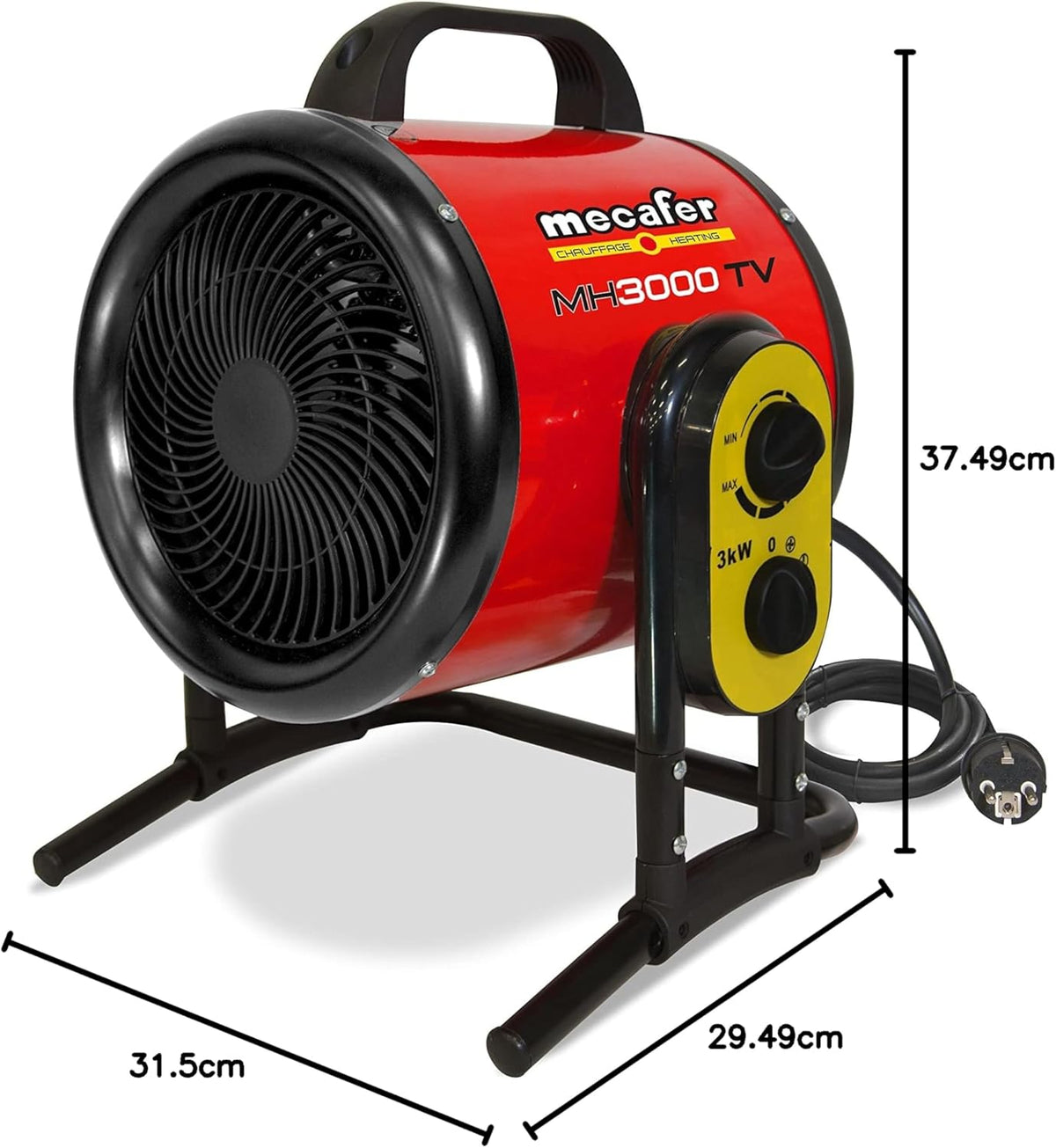 Ventilatorkachel 3000 W Voor Max. 40 M² – Werkplaatskachel – Werkplaatsverwarming – Heteluchtkachel – Bouwkachel – 2 Warmtestanden – Draaibaar Van 0 Tot 60°