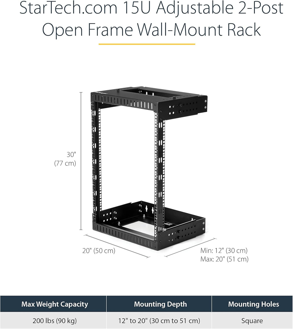StarTech.com 2 Post 15U Heavy-Duty Wandmonteerbare Server Rack, 19" Open Frame Netwerk Rack met Verstelbare Diepte, Data Rack voor IT/AV/Patchpaneel/Computer Apparatuur (RK15WALLOA)