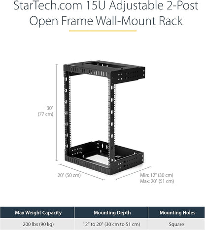 StarTech.com 2 Post 15U Heavy-Duty Wandmonteerbare Server Rack, 19" Open Frame Netwerk Rack met Verstelbare Diepte, Data Rack voor IT/AV/Patchpaneel/Computer Apparatuur (RK15WALLOA)