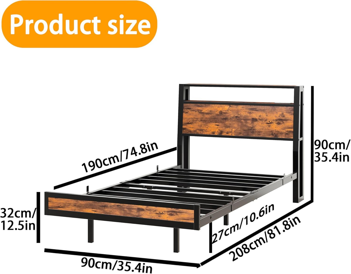 Zwevend bedframe met laadstation en ledverlichting, houten hoofdeinde met opbergplanken, robuuste metalen latten, geen boxspring nodig, geluidsvrij, eenvoudige montage, zwart