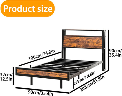 Zwevend bedframe met laadstation en ledverlichting, houten hoofdeinde met opbergplanken, robuuste metalen latten, geen boxspring nodig, geluidsvrij, eenvoudige montage, zwart