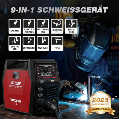 ARCCAPTAIN MIG205MP 9-in-1 iControl App-besturing MIG‑lasapparaat, plasmasnijder, puls‑MIG/flux‑core/spool gun/DC HF/Lift TIG/Clean/MMA‑aluminium lasapparaat, 230 V, meervoudig lasapparaat
