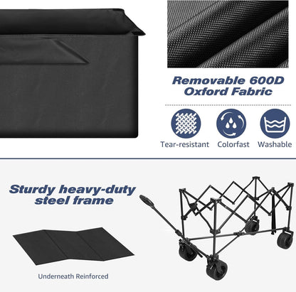 Chihee Opvouwbare tuinwagen, strandwagen, opvouwbaar, grote capaciteit, 220 l, draagbare trolley met wielen voor alle terreinen, met oversized tas, 1 bureau, opvouwbaar, 2 drankhouders