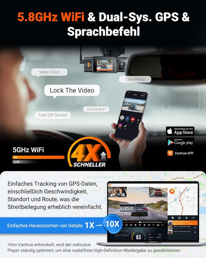Dashcam Auto – Autocamera – Dashboardcamera – Rijcamera – Camerasysteem Auto – Driekanaals Opname Voor Binnen En Achter – Spraakbediening