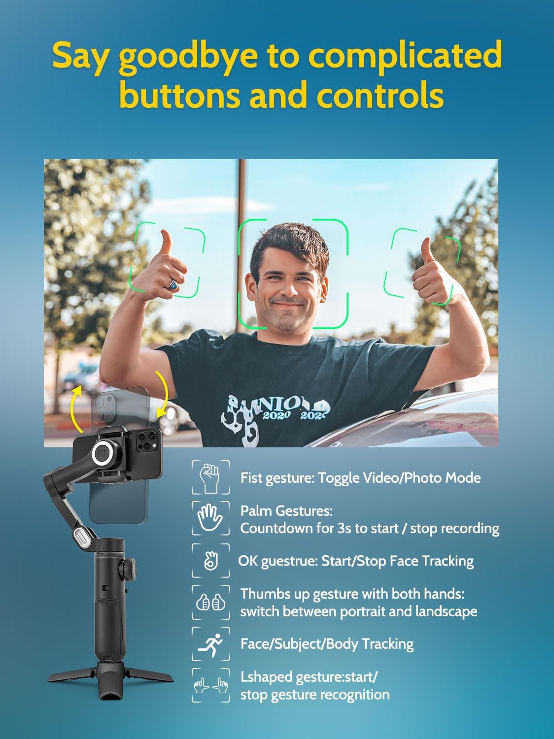 3-Assige Gimbal Stabilizer voor iPhone & Android – Telefoon Gimbal – Smartphone Stabilisator – iPhone Gimbal – Videostabilisator – AI-Tracking en 6000 Lux Vullicht – Opvouwbaar en Compact