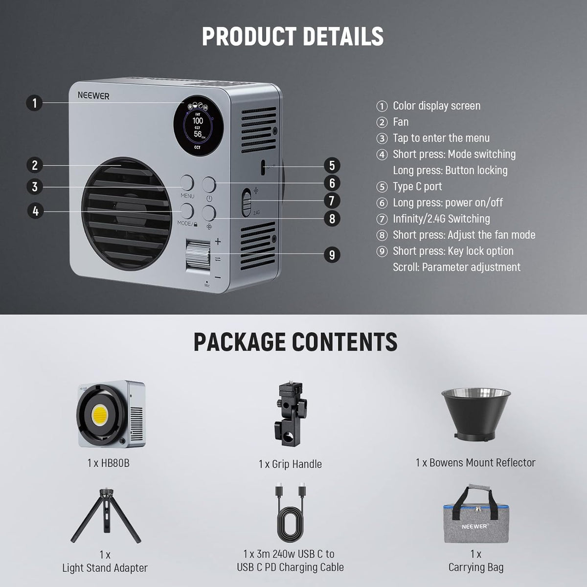 NEEWER HB80B HB80B Led-videolamp, 80 W, met batterij 72 Wh en snel opladen, PD 100 W, app-bediening/2,4 G, mini-licht continu COB tweekleurig, draagbaar, voor studio, 26500 lx/1 m, 2700-6500 K