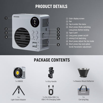 NEEWER HB80B HB80B Led-videolamp, 80 W, met batterij 72 Wh en snel opladen, PD 100 W, app-bediening/2,4 G, mini-licht continu COB tweekleurig, draagbaar, voor studio, 26500 lx/1 m, 2700-6500 K